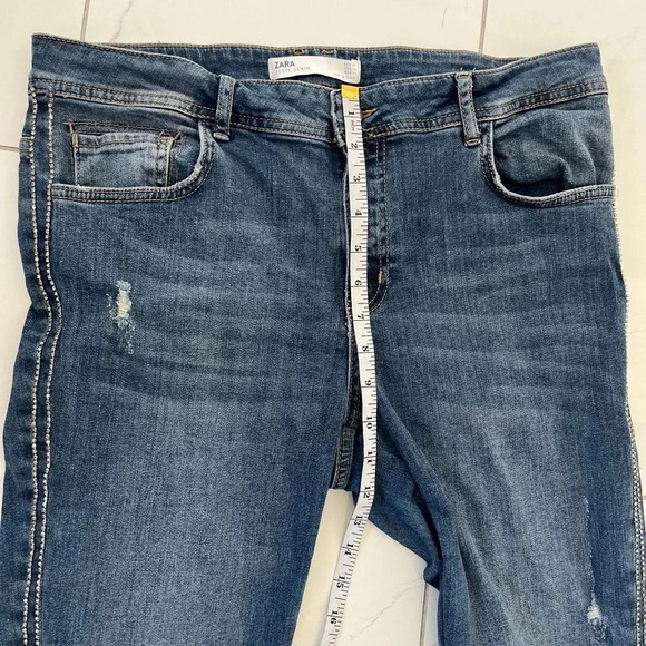 Zara Denim/ Cropped  blue skinny jeans/ Gemstone sides/ Distressed/ Size US 12 - Picture 8 of 9